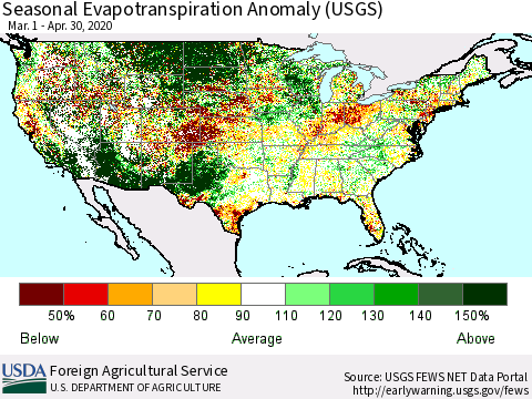 United States Seasonal Actual Evapotranspiration Anomaly (USGS) Thematic Map For 3/1/2020 - 4/30/2020