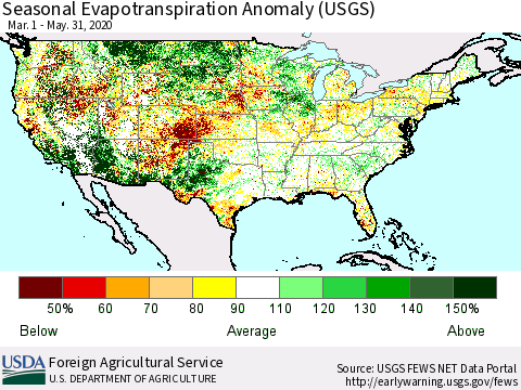 United States Seasonal Actual Evapotranspiration Anomaly (USGS) Thematic Map For 3/1/2020 - 5/31/2020