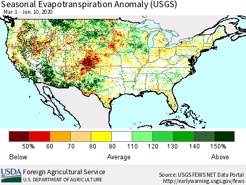 United States Seasonal Actual Evapotranspiration Anomaly (USGS) Thematic Map For 3/1/2020 - 6/10/2020