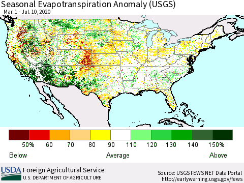 United States Seasonal Actual Evapotranspiration Anomaly (USGS) Thematic Map For 3/1/2020 - 7/10/2020