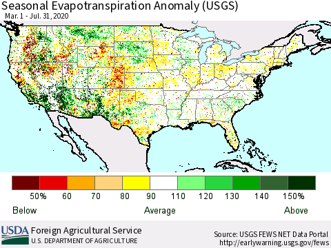 United States Seasonal Actual Evapotranspiration Anomaly (USGS) Thematic Map For 3/1/2020 - 7/31/2020