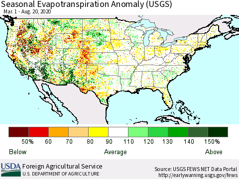United States Seasonal Actual Evapotranspiration Anomaly (USGS) Thematic Map For 3/1/2020 - 8/20/2020