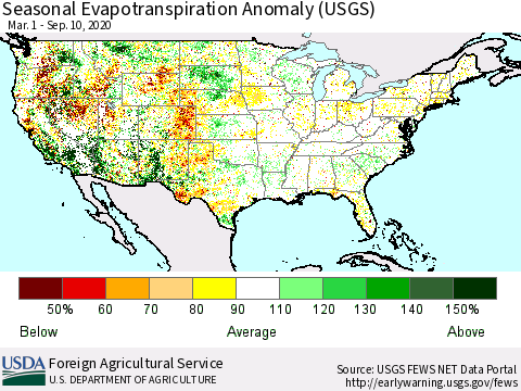 United States Seasonal Actual Evapotranspiration Anomaly (USGS) Thematic Map For 3/1/2020 - 9/10/2020