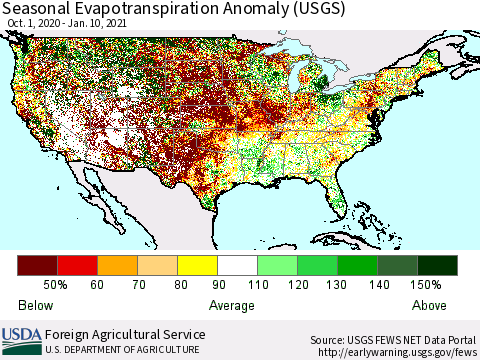 United States Seasonal Actual Evapotranspiration Anomaly (USGS) Thematic Map For 9/1/2020 - 1/10/2021
