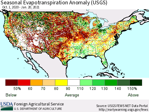 United States Seasonal Actual Evapotranspiration Anomaly (USGS) Thematic Map For 9/1/2020 - 1/20/2021