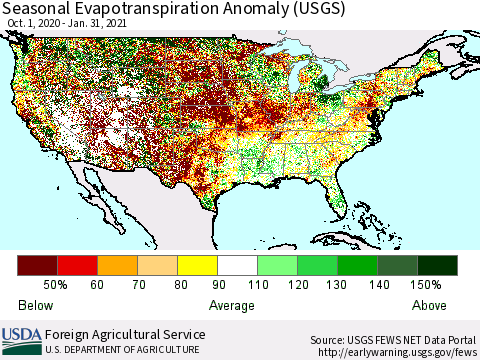 United States Seasonal Evapotranspiration Anomaly (USGS) Thematic Map For 9/1/2020 - 1/31/2021