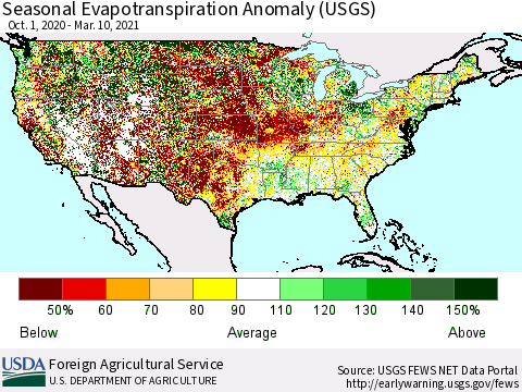 United States Seasonal Actual Evapotranspiration Anomaly (USGS) Thematic Map For 9/1/2020 - 3/10/2021