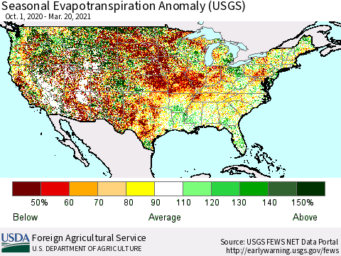 United States Seasonal Actual Evapotranspiration Anomaly (USGS) Thematic Map For 9/1/2020 - 3/20/2021