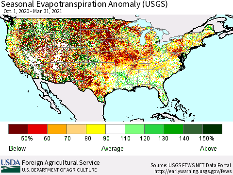 United States Seasonal Evapotranspiration Anomaly (USGS) Thematic Map For 9/1/2020 - 3/31/2021