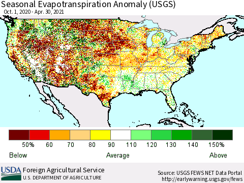 United States Seasonal Actual Evapotranspiration Anomaly (USGS) Thematic Map For 9/1/2020 - 4/30/2021