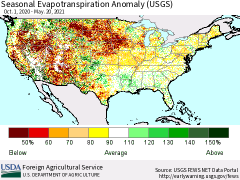 United States Seasonal Evapotranspiration Anomaly (USGS) Thematic Map For 9/1/2020 - 5/20/2021