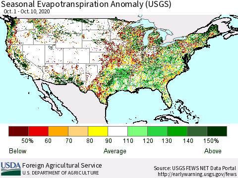 United States Seasonal Evapotranspiration Anomaly (USGS) Thematic Map For 9/1/2020 - 10/10/2020