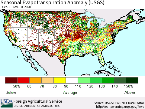 United States Seasonal Actual Evapotranspiration Anomaly (USGS) Thematic Map For 9/1/2020 - 11/10/2020