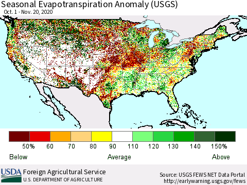 United States Seasonal Evapotranspiration Anomaly (USGS) Thematic Map For 9/1/2020 - 11/20/2020