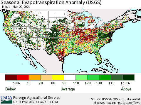 United States Seasonal Actual Evapotranspiration Anomaly (USGS) Thematic Map For 3/1/2021 - 3/20/2021