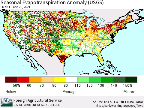 United States Seasonal Actual Evapotranspiration Anomaly (USGS) Thematic Map For 3/1/2021 - 4/20/2021