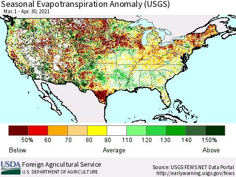 United States Seasonal Actual Evapotranspiration Anomaly (USGS) Thematic Map For 3/1/2021 - 4/30/2021