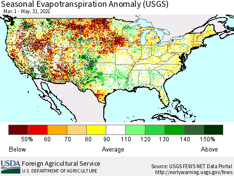 United States Seasonal Actual Evapotranspiration Anomaly (USGS) Thematic Map For 3/1/2021 - 5/31/2021