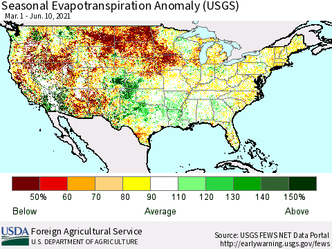 United States Seasonal Actual Evapotranspiration Anomaly (USGS) Thematic Map For 3/1/2021 - 6/10/2021