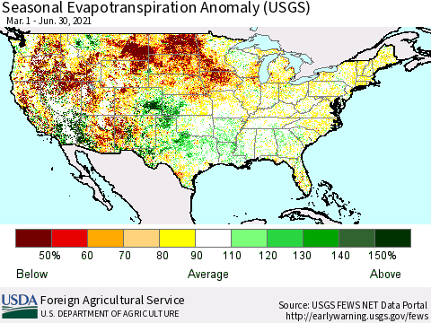 United States Seasonal Actual Evapotranspiration Anomaly (USGS) Thematic Map For 3/1/2021 - 6/30/2021