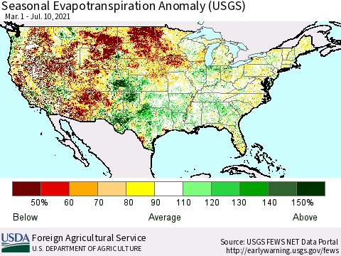 United States Seasonal Actual Evapotranspiration Anomaly (USGS) Thematic Map For 3/1/2021 - 7/10/2021