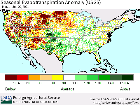 United States Seasonal Actual Evapotranspiration Anomaly (USGS) Thematic Map For 3/1/2021 - 7/20/2021