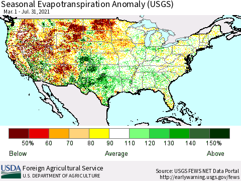 United States Seasonal Actual Evapotranspiration Anomaly (USGS) Thematic Map For 3/1/2021 - 7/31/2021