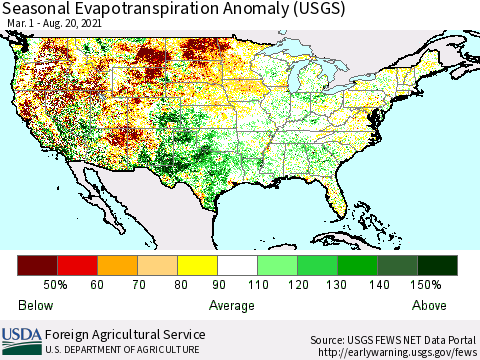 United States Seasonal Actual Evapotranspiration Anomaly (USGS) Thematic Map For 3/1/2021 - 8/20/2021