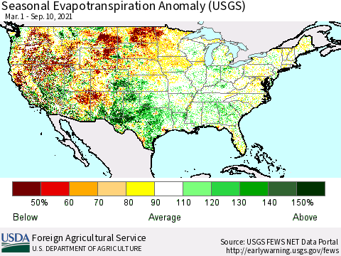 United States Seasonal Actual Evapotranspiration Anomaly (USGS) Thematic Map For 3/1/2021 - 9/10/2021