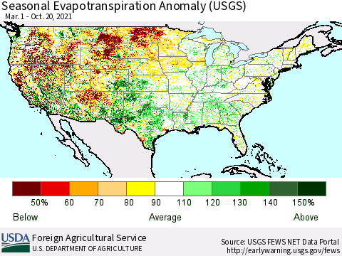 United States Seasonal Actual Evapotranspiration Anomaly (USGS) Thematic Map For 3/1/2021 - 10/20/2021