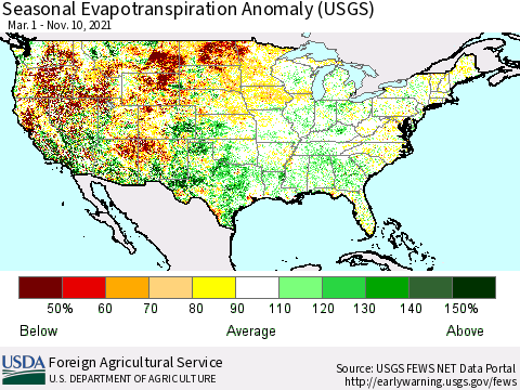 United States Seasonal Actual Evapotranspiration Anomaly (USGS) Thematic Map For 3/1/2021 - 11/10/2021