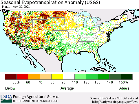 United States Seasonal Actual Evapotranspiration Anomaly (USGS) Thematic Map For 3/1/2021 - 11/30/2021