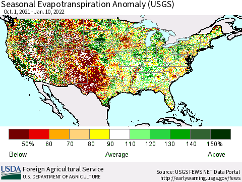 United States Seasonal Actual Evapotranspiration Anomaly (USGS) Thematic Map For 9/1/2021 - 1/10/2022