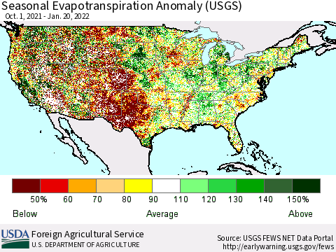 United States Seasonal Actual Evapotranspiration Anomaly (USGS) Thematic Map For 9/1/2021 - 1/20/2022