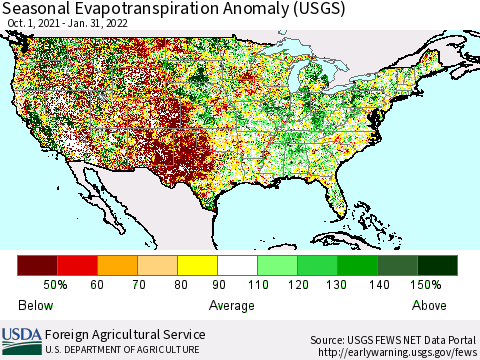United States Seasonal Actual Evapotranspiration Anomaly (USGS) Thematic Map For 9/1/2021 - 1/31/2022