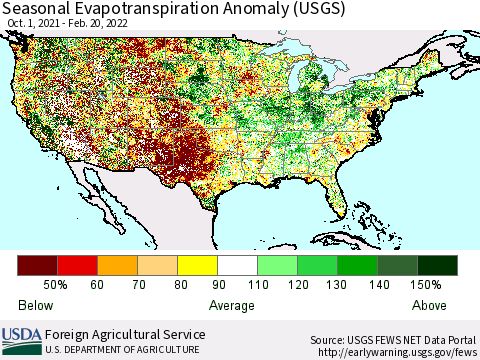 United States Seasonal Actual Evapotranspiration Anomaly (USGS) Thematic Map For 9/1/2021 - 2/20/2022
