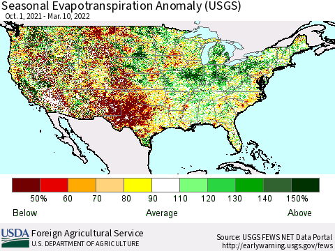 United States Seasonal Actual Evapotranspiration Anomaly (USGS) Thematic Map For 9/1/2021 - 3/10/2022