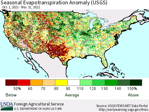 United States Seasonal Actual Evapotranspiration Anomaly (USGS) Thematic Map For 9/1/2021 - 3/31/2022