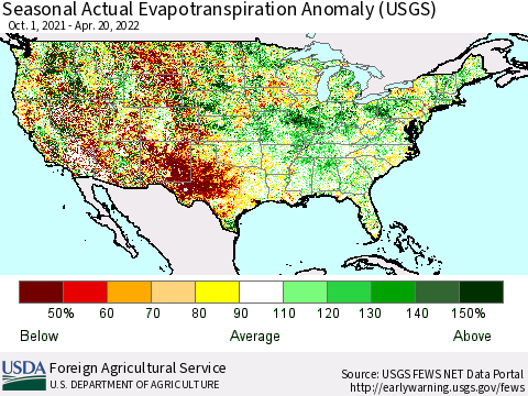 United States Seasonal Actual Evapotranspiration Anomaly (USGS) Thematic Map For 9/1/2021 - 4/20/2022
