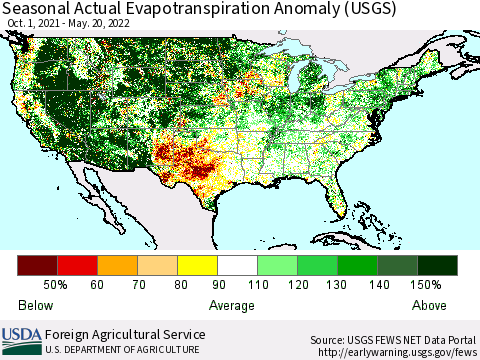 United States Seasonal Actual Evapotranspiration Anomaly (USGS) Thematic Map For 9/1/2021 - 5/20/2022