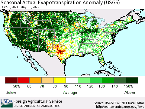 United States Seasonal Actual Evapotranspiration Anomaly (USGS) Thematic Map For 9/1/2021 - 5/31/2022