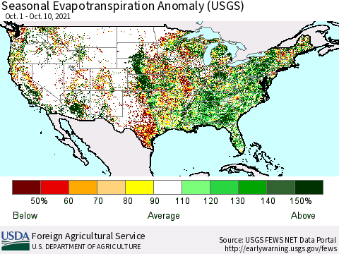 United States Seasonal Actual Evapotranspiration Anomaly (USGS) Thematic Map For 9/1/2021 - 10/10/2021
