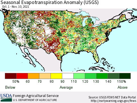 United States Seasonal Actual Evapotranspiration Anomaly (USGS) Thematic Map For 9/1/2021 - 11/10/2021