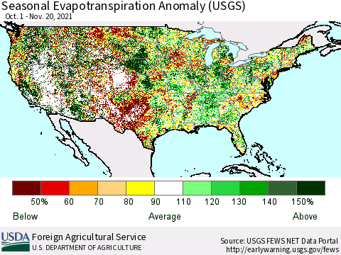 United States Seasonal Actual Evapotranspiration Anomaly (USGS) Thematic Map For 9/1/2021 - 11/20/2021