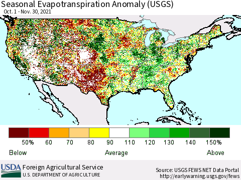 United States Seasonal Actual Evapotranspiration Anomaly (USGS) Thematic Map For 9/1/2021 - 11/30/2021