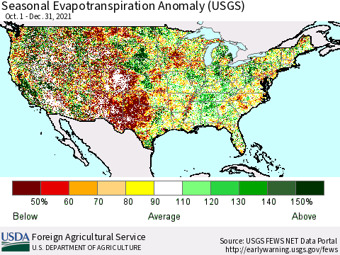 United States Seasonal Actual Evapotranspiration Anomaly (USGS) Thematic Map For 9/1/2021 - 12/31/2021