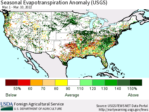 United States Seasonal Actual Evapotranspiration Anomaly (USGS) Thematic Map For 3/1/2022 - 3/10/2022
