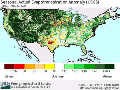 United States Seasonal Actual Evapotranspiration Anomaly (USGS) Thematic Map For 3/1/2022 - 5/20/2022
