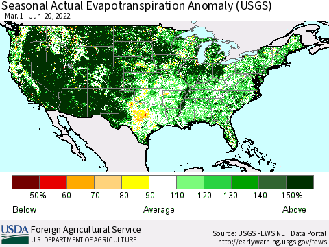 United States Seasonal Actual Evapotranspiration Anomaly (USGS) Thematic Map For 3/1/2022 - 6/20/2022