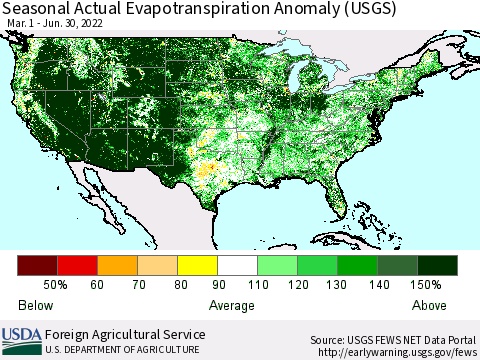 United States Seasonal Actual Evapotranspiration Anomaly (USGS) Thematic Map For 3/1/2022 - 6/30/2022